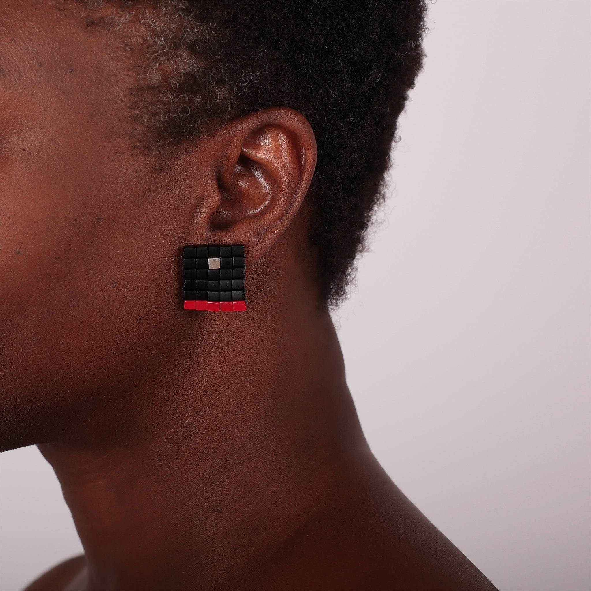 Stud Earrings in Black and Red Glass Beads & Silver